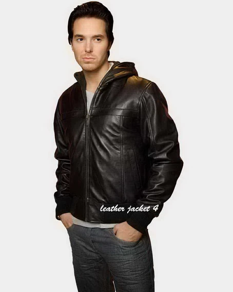 Mens Black Casual Slimfit Rib-Knitted Leather Jacket - USA Jacket