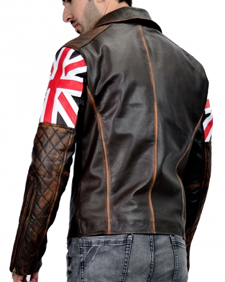 Mens Motorcycle Jackets Leather Blue Jacket Union Jack Print Retro Biker Zip Up 