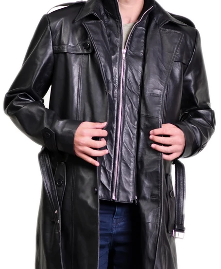 Men's Leather Coat Long Leather Coat Black Leather Trench Coat Mens 100% Goatskin Leather | PalaLeather, Black / L