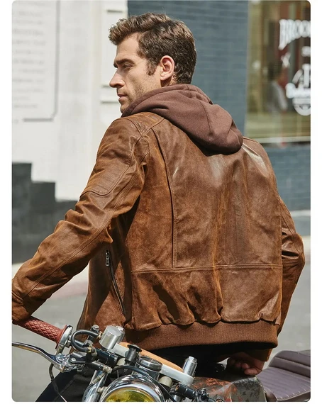 Flavor Men Biker Retro Brown Leather Motorcycle Jacket Genuine Leather Jacket