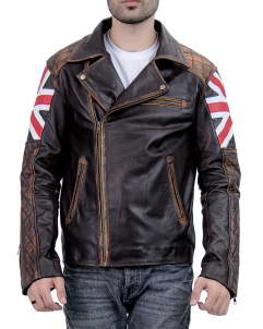 Men's BRANDO UNION JACK Motorcycle BRITISH FLAG Biker Hide Real Leather Jacket 