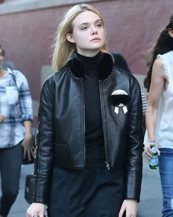Elle Fanning Fur Black Leather Jacket
