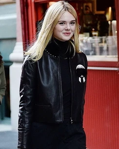 Elle Fanning Fur Black Leather Jacket
