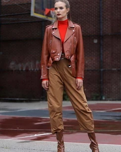 Josephine Skriver Brown Leather Jacket
