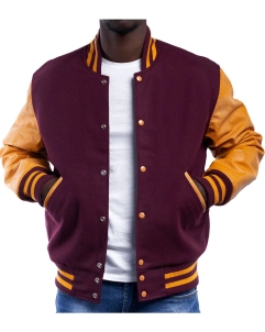 Maroon Wool Body and Bright Gold Leather Sleeves Letterman Jacket