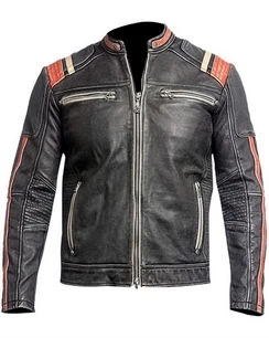 Mens Cafe Racer Vintage Biker Retro 3 Motorcycle Moto Distressed Leather Jacket