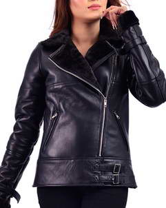 Shearling-Biker Black Shearling Faux Fur Womens Biker Leather Jacket