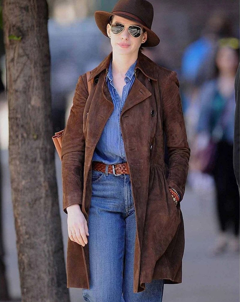 Anne Hathaway Suede Brown Leather Coat