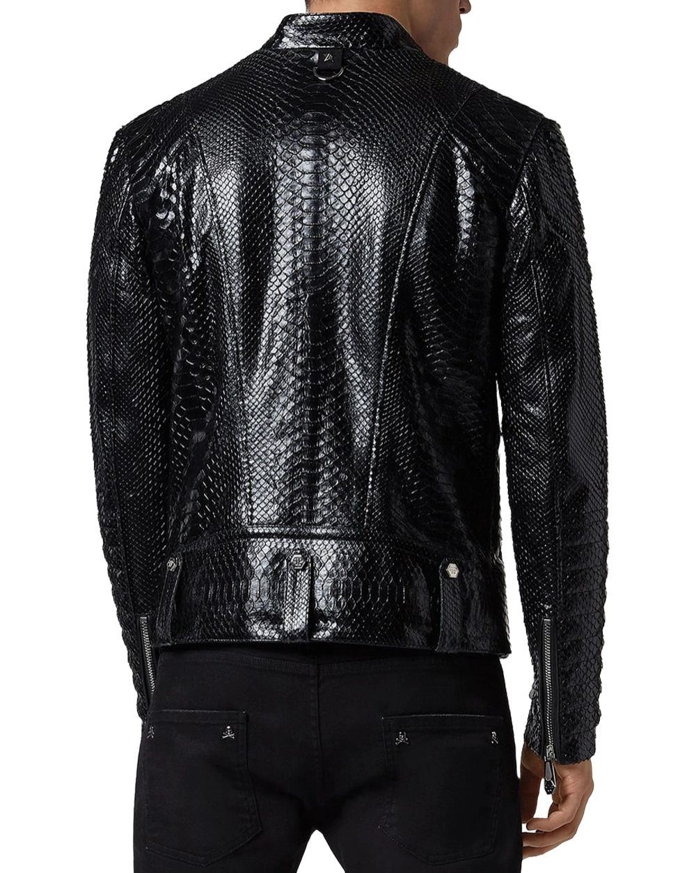 black-python Real leather biker jacket in Python printing style