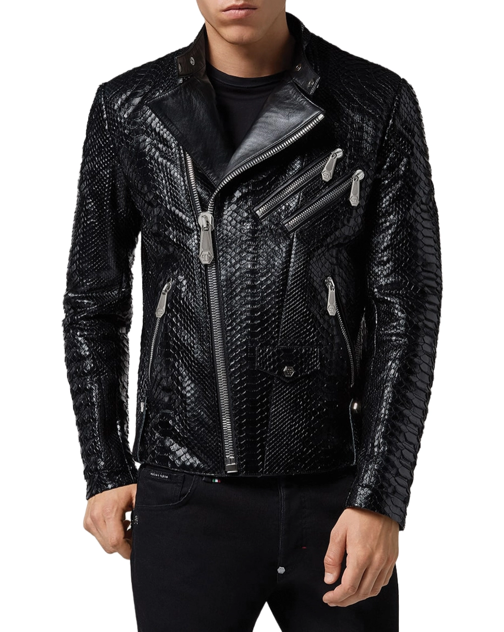 Real leather biker jacket in Black Python affects