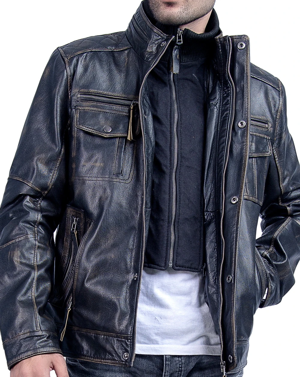 Black Racer Mens Fleece Bundy Leather Jacket
