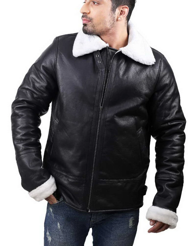 Black-Shearling Faux Fur Mens Black Shearling Leather Jacket