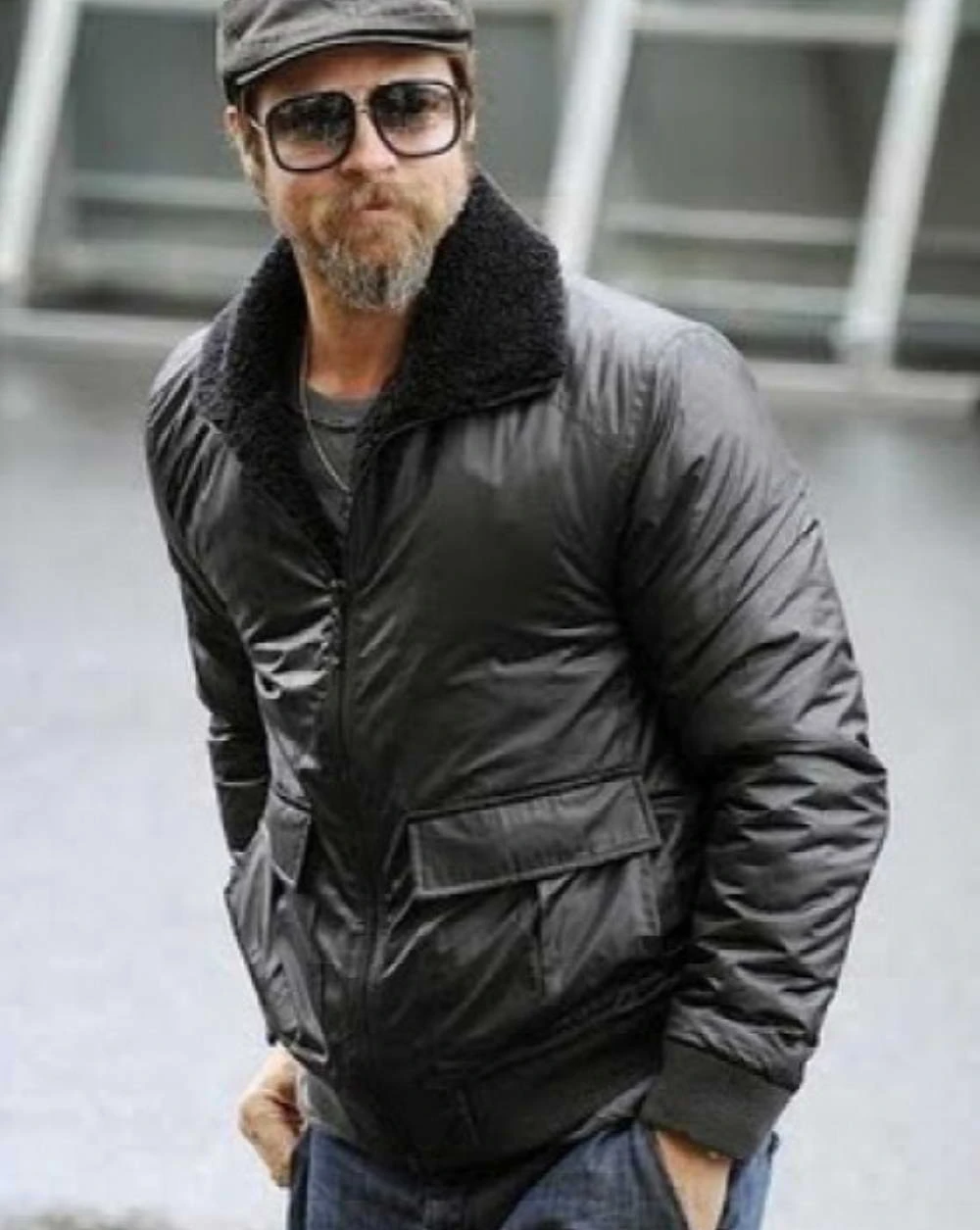 Brad-Pitt Brad Pitt Black Bomber Leather Jacket