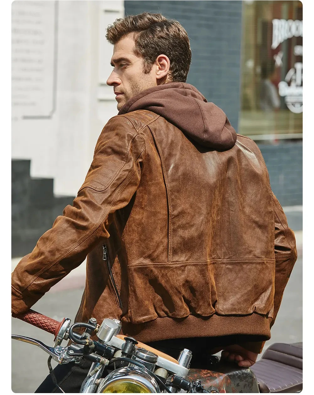 Retro-Brown FLAVOR Men Biker retro Brown Leather Motorcycle Jacket Genuine Leather jacket