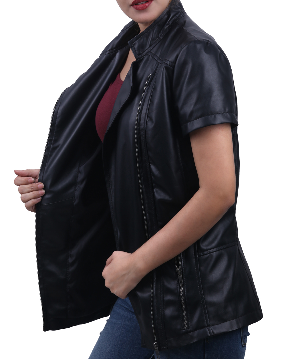 Half sleeve leather jacket