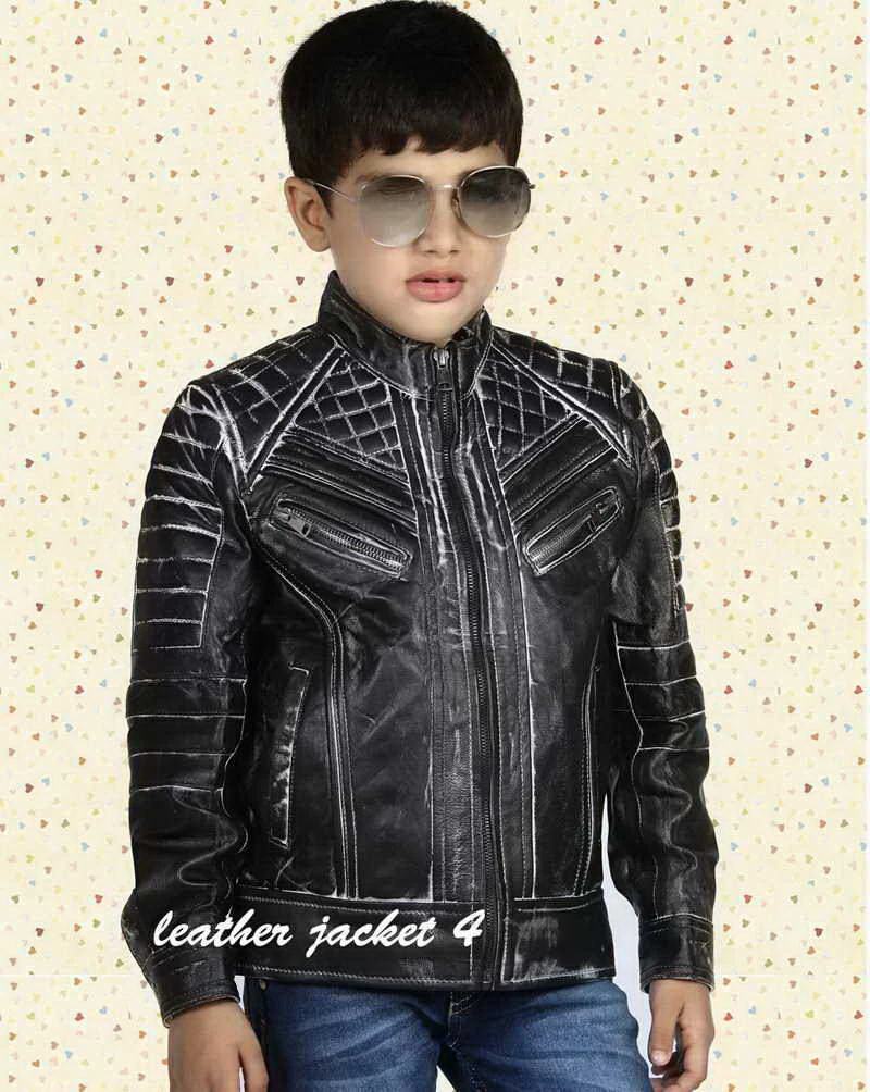 Black distressed leather jacket for boys
