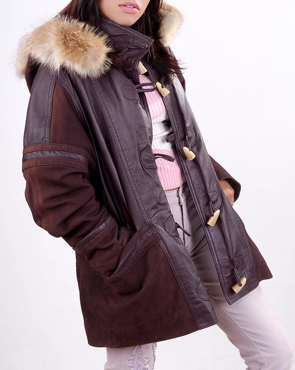 Women Hooded Fur Leather Coat