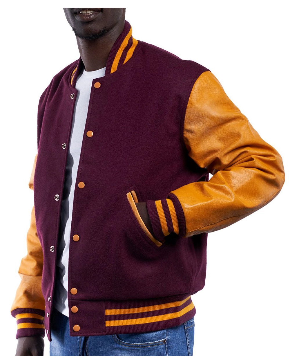maroon-letterman Maroon Wool Body and Bright Gold Leather Sleeves Letterman Jacket