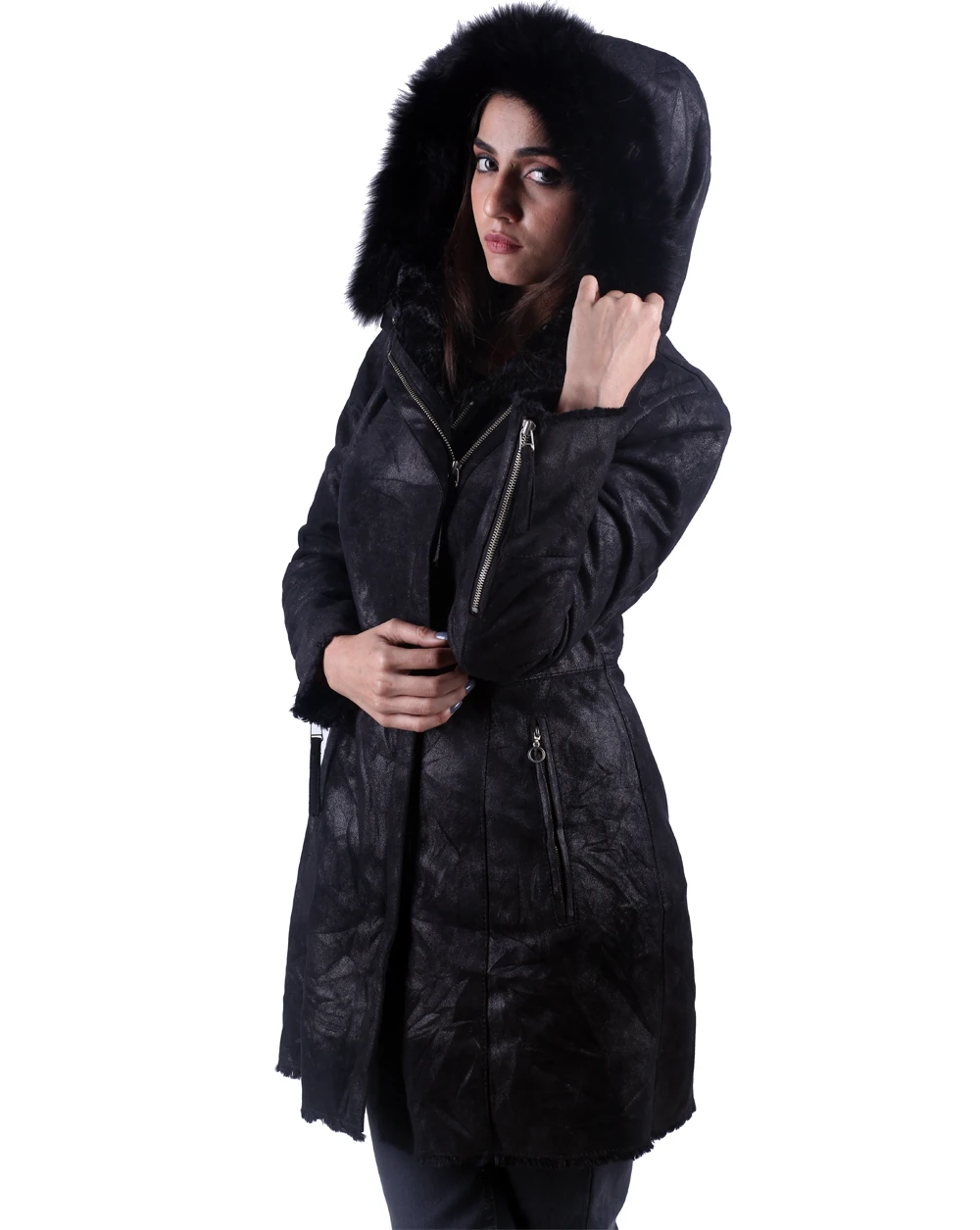 Melodic long leather hoodie coat 