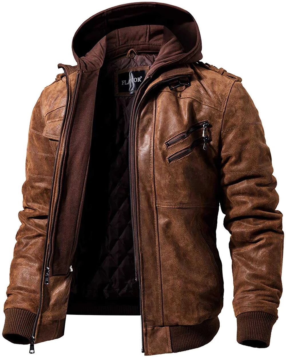 Flavor FLAVOR Men Christian Brown Distress Leather Jacket with Removable Hood