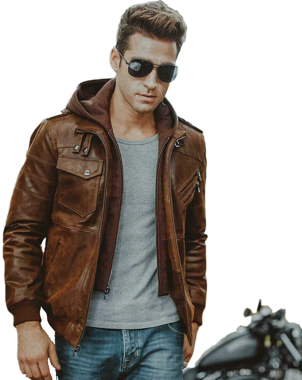 Men Brown Distress Leather Jacket with Removable Hood