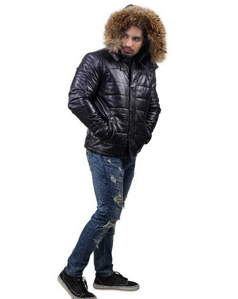 Mens-Parka Down Parka Leather Jacket Mens with Removable Hood