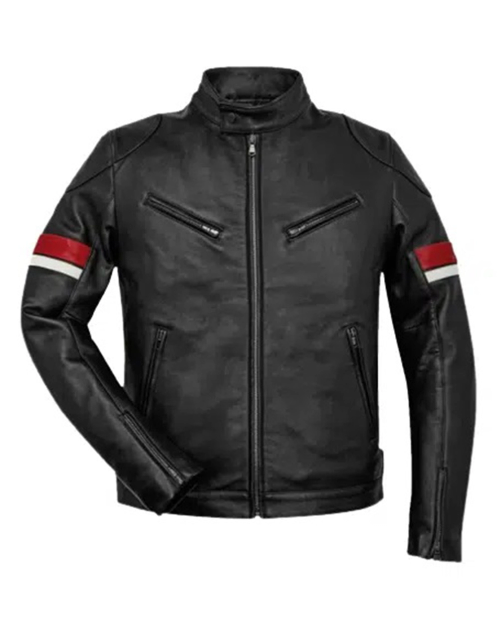 Mens Black Leather Red and White Striped Cafe Racer Jacket