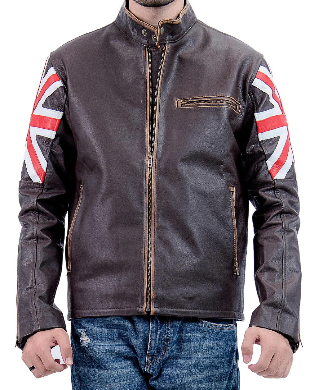 Union Men Biker Vintage Union Jack Brown Leather Jacket