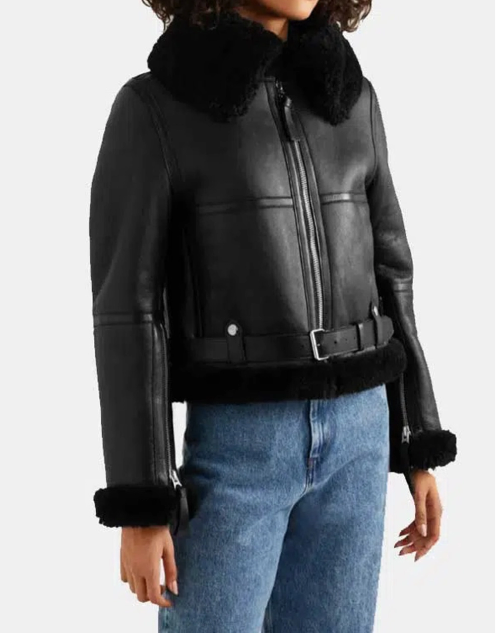 Womens Aviator Cropped Shearling Leather Jacket