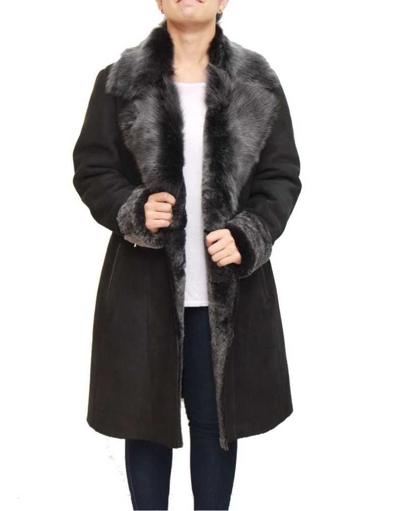 Black-Suede Womens Black Suede Shearling Winter Trench Coat