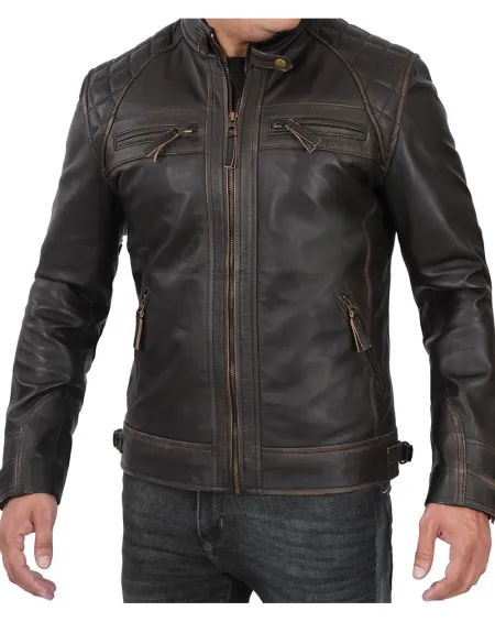 Men&amp;#039;s Distressed Brown Quilted Biker Leather Jacket