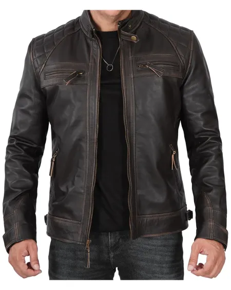 Men&amp;#039;s Distressed Brown Quilted Biker Leather Jacket
