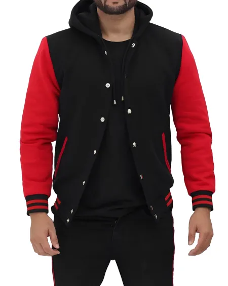 Men&amp;rsquo;s Hooded Black and Red Varsity Jacket