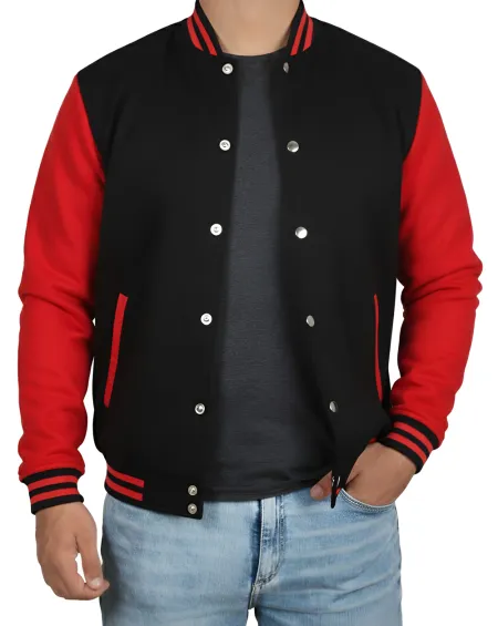 Men&amp;rsquo;s Hooded Black and Red Varsity Jacket
