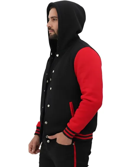 Men&rsquo;s Hooded Black and Red Varsity Jacket