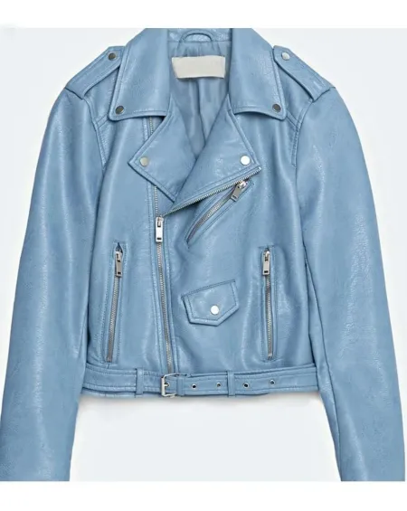 Women's Asymmetrical Zipper Baby Blue Biker Leather Belted Jacket