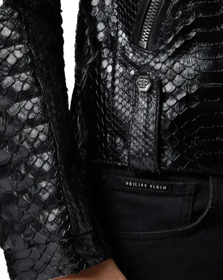 Real leather biker jacket in Black Python affects