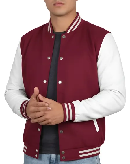 Mens Baseball Style Maroon and White Letterman Jacket