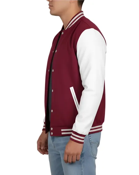 Mens Baseball Style Maroon and White Letterman Jacket