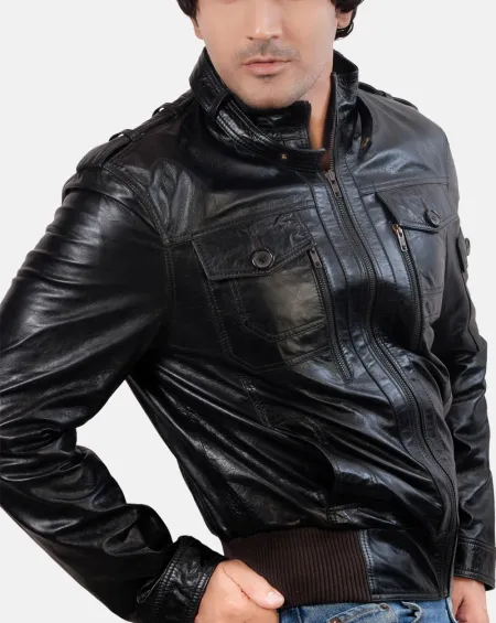 Caleb Mens Black Bomber Leather Jacket