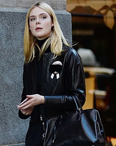 Elle Fanning Fur Black Leather Jacket