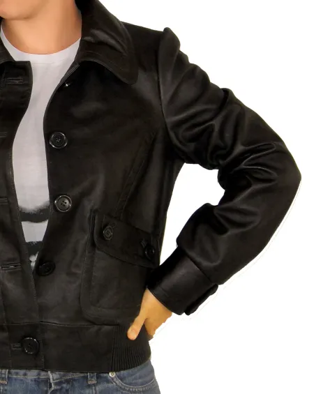 Women button leather jacket