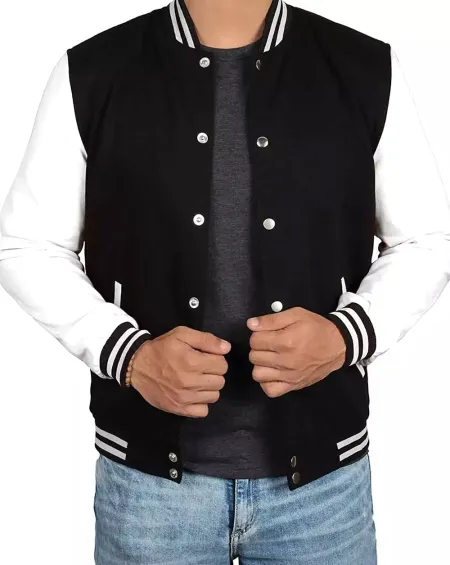 Mens Baseball Style Black and White Letterman Jacket