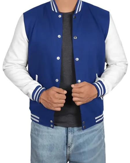 Mens Baseball Style Royal Blue and Grey Letterman Jacket