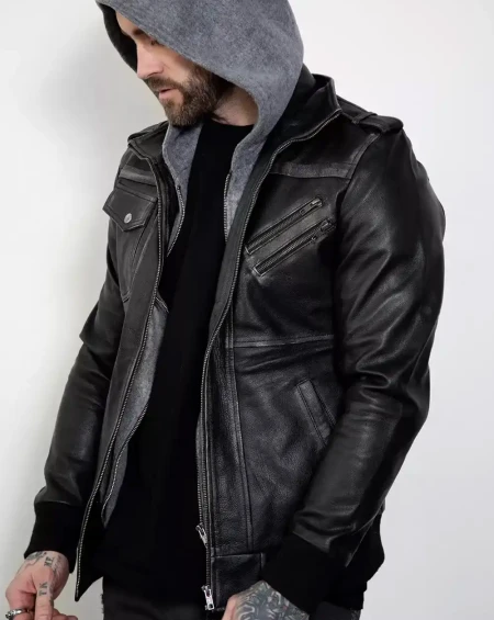 Distressed Gray Hooded Bomber Jacket