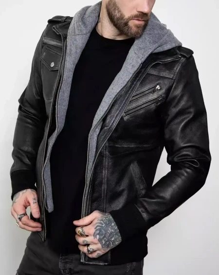 Distressed Gray Hooded Bomber Jacket