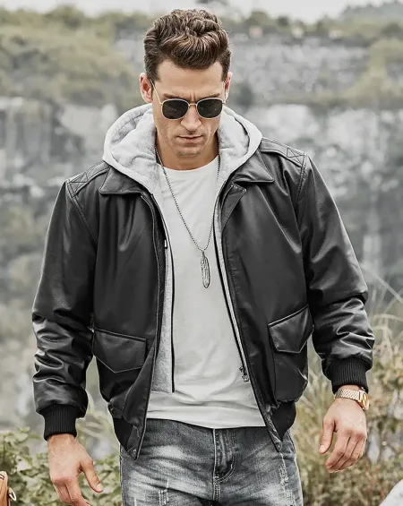 Patrick Air Mens Aviator Black Hooded Real Leather Bomber Jacket