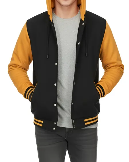 Mens Black Yellow Varsity Jacket With Hoodie