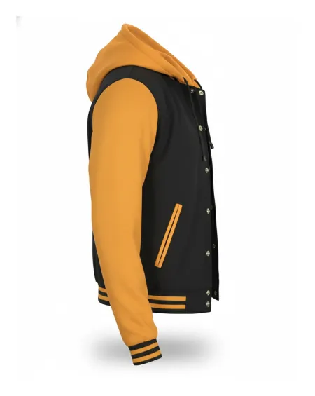 Mens Black Yellow Varsity Jacket With Hoodie