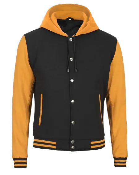 Mens Black Yellow Varsity Jacket With Hoodie